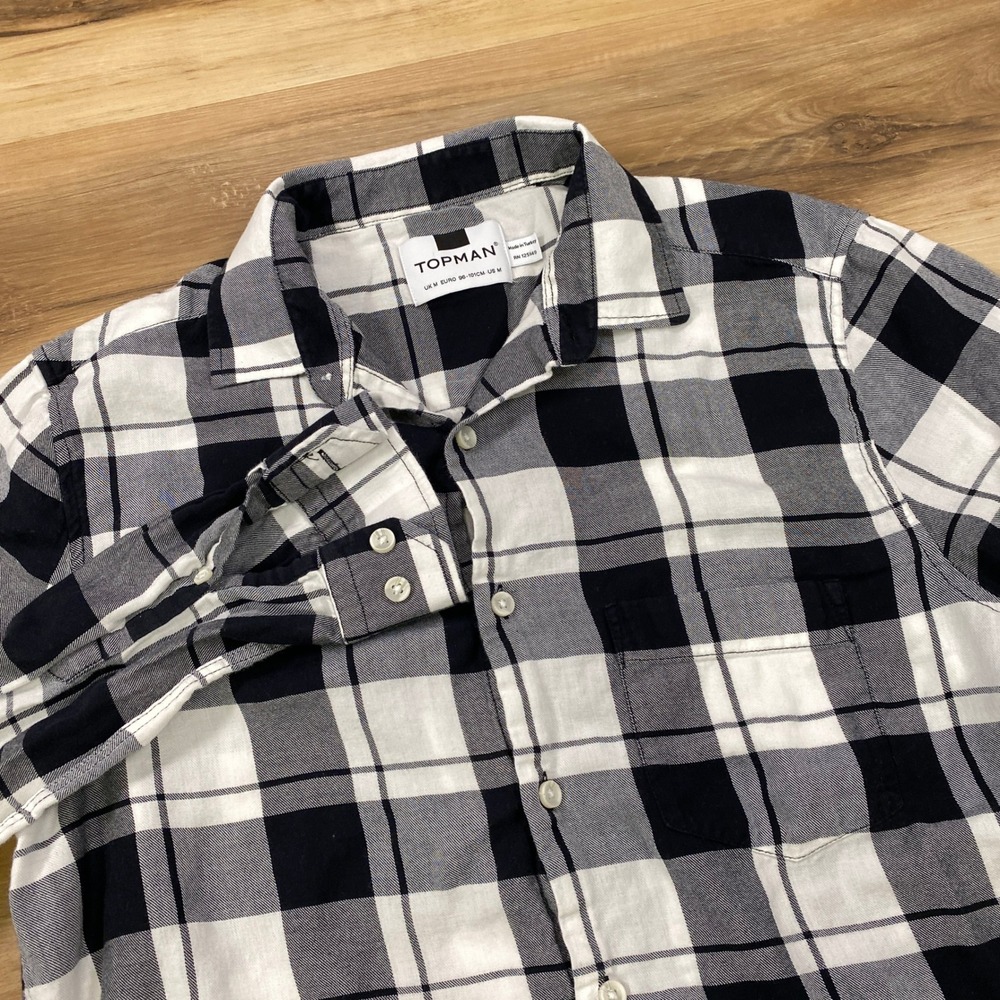 Topman‎ Lightweight Flannel Shirt Mens Medium Minimalist Plaid Black White